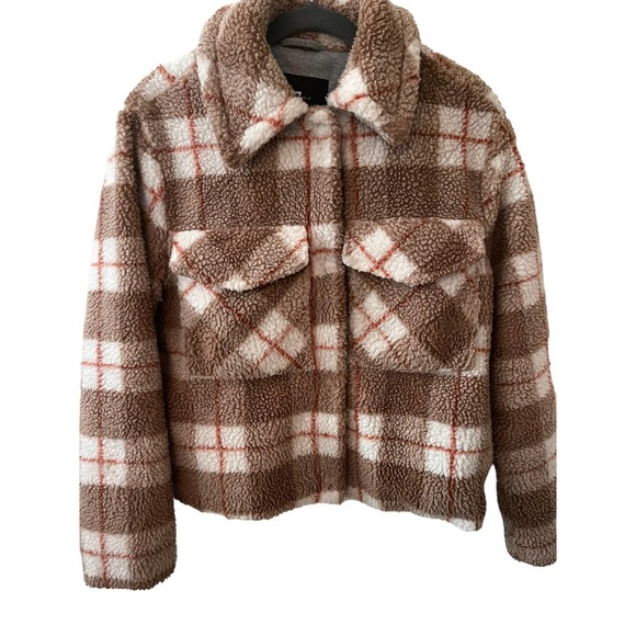 7 For All Mankind Jackets & Blazers - 7 for all mankind  Deep Pile Sherpa fleece tartan plaid trucker, Small‎